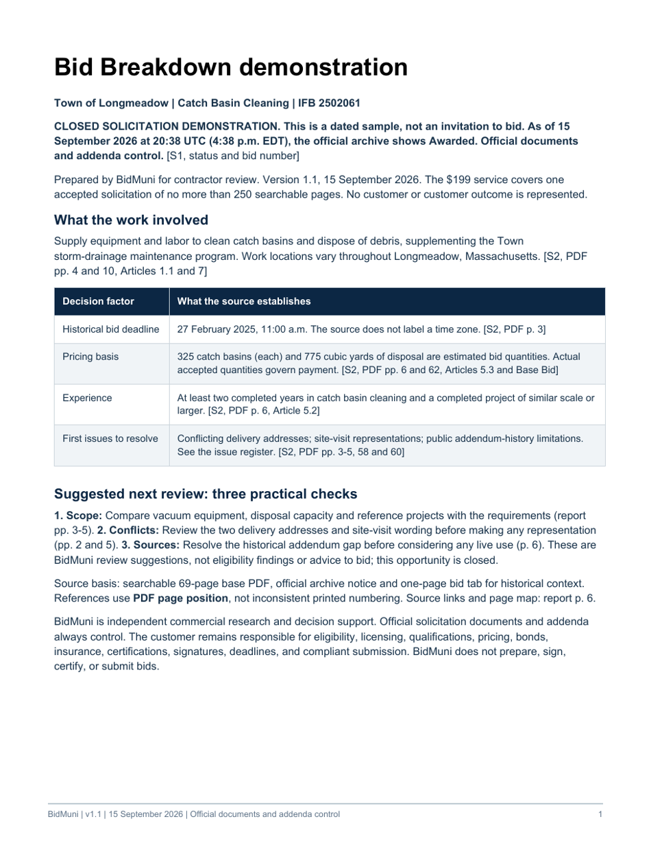 First page of the Longmeadow Catch Basin Cleaning demonstration report, with source basis, project summary and suggested review steps